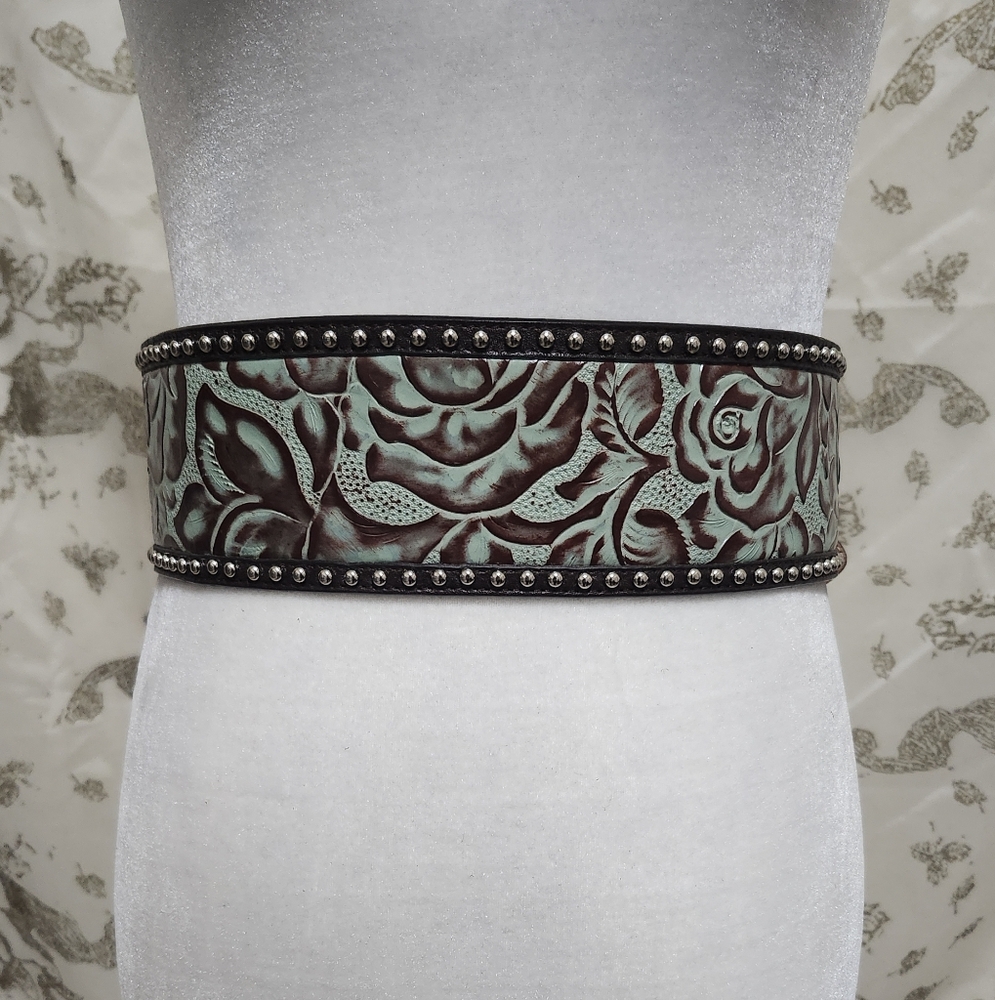 3d Belt Company Western Tooled Leather Dress Floral Belt Torquise And Brown S